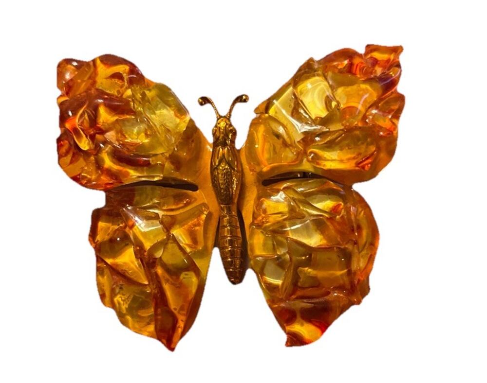 VTG 60s Germany Glass Mosaic Metal Gold Butterfly Brooch Pin Orange Yellow MCM